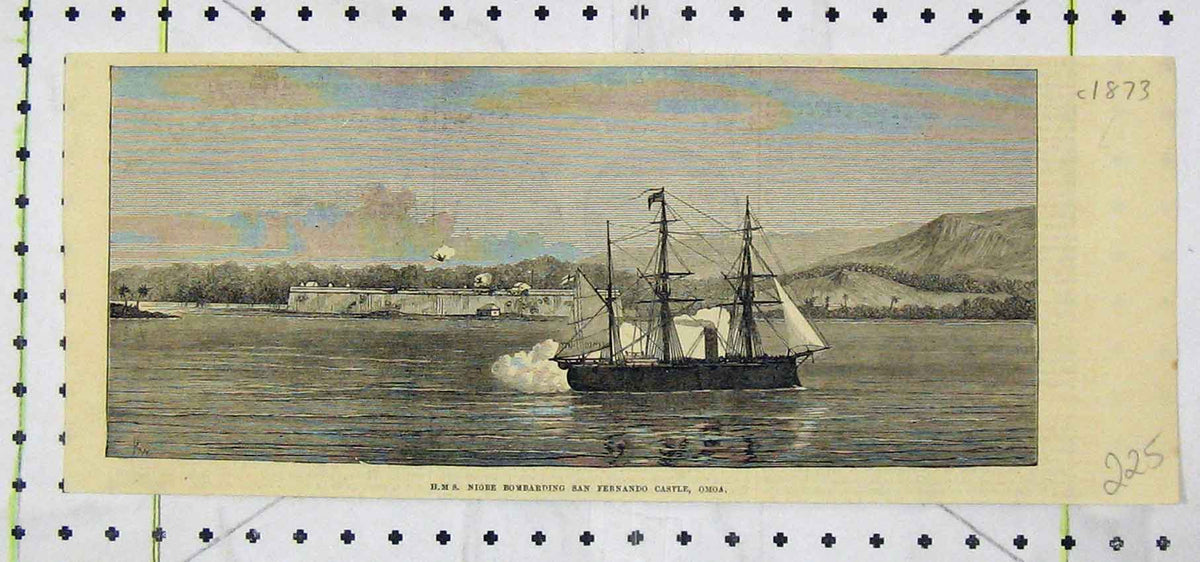 Original Old Antique Print H. M. S Niobe Bombarding Fernando Castle