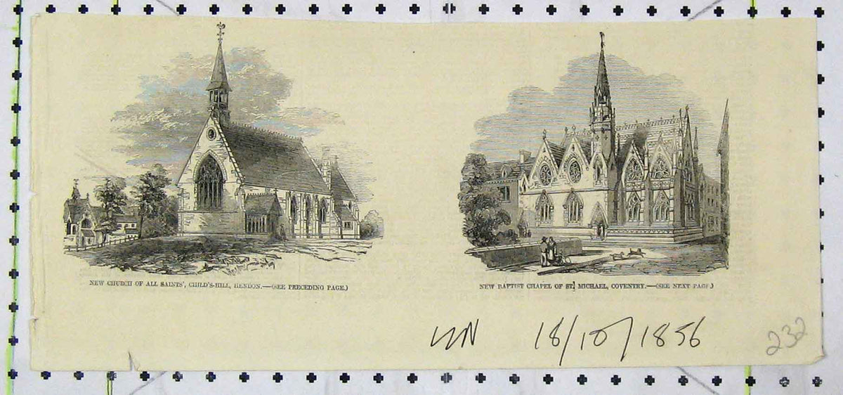 Original Old Antique Print Church Saints Hendon Baptist Chapel Michael Coventry