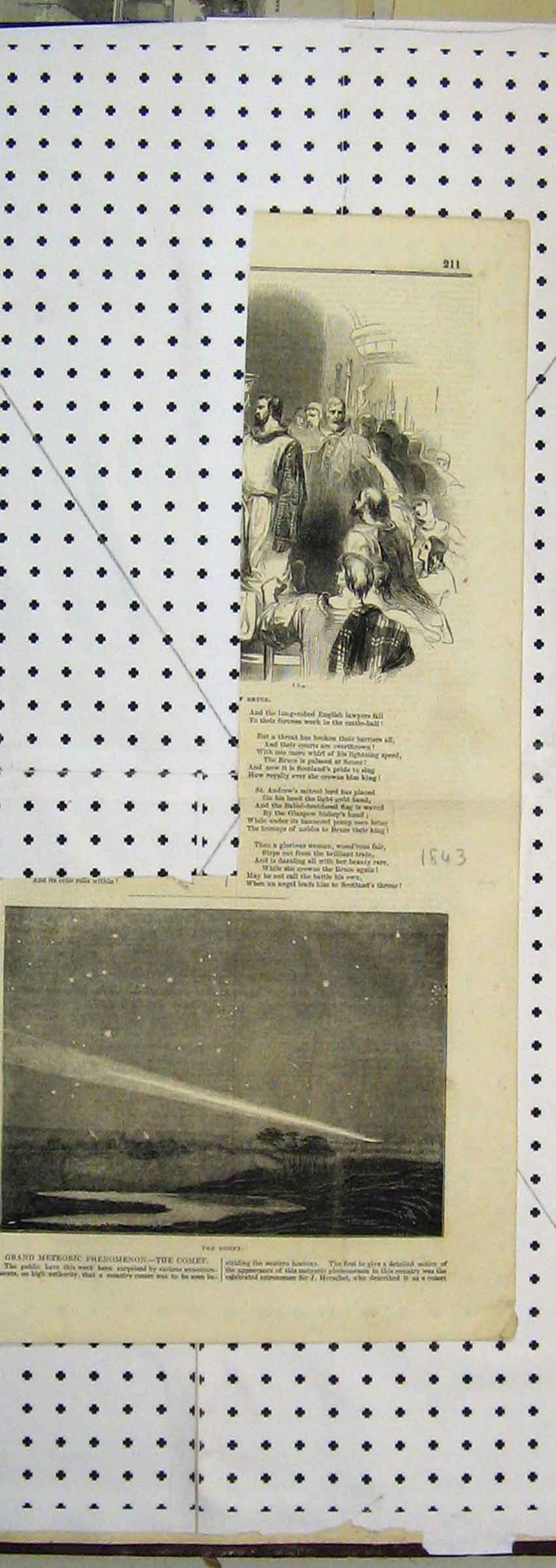 Original Old Antique Print 1843 Night Sky View Comet Meteoric 19th