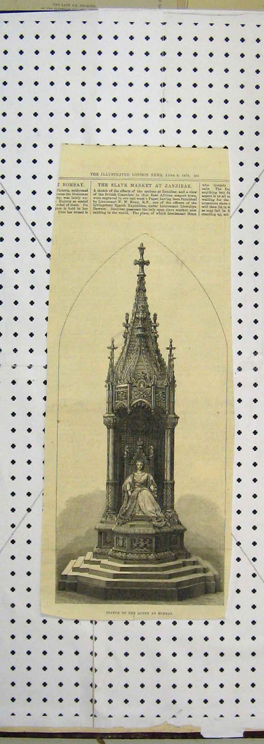 Original Old Antique Print 1872 View Statue Majesty Queen Bombay 19th