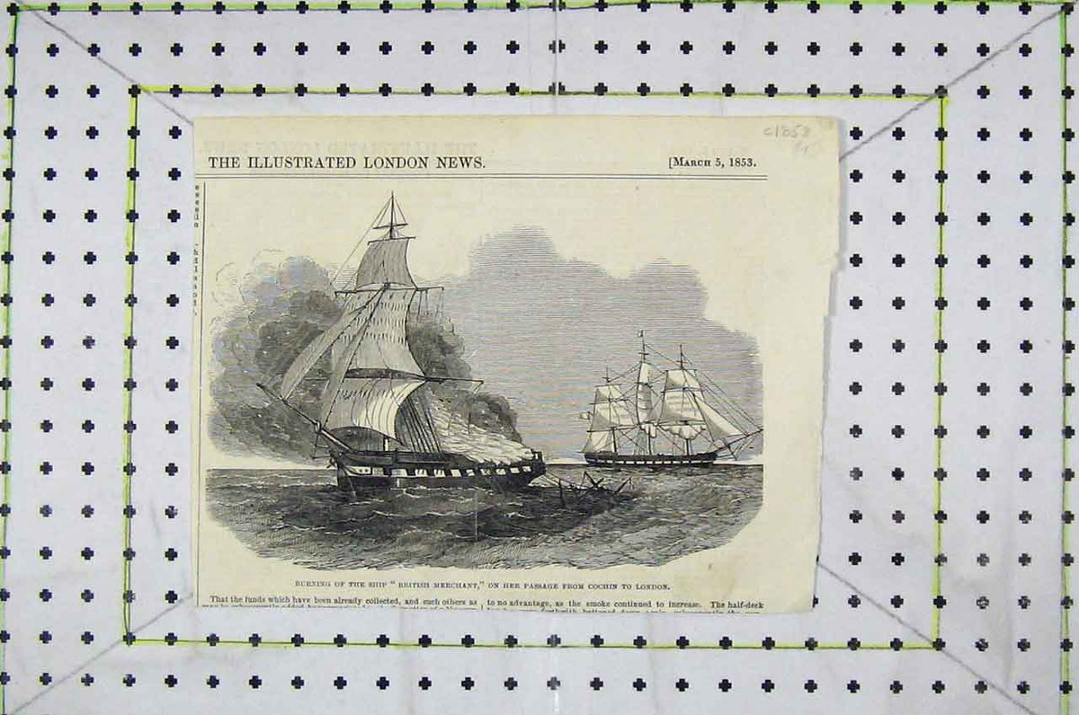 Original Old Antique Print Burning Ship British Merchant Passage Cochin London