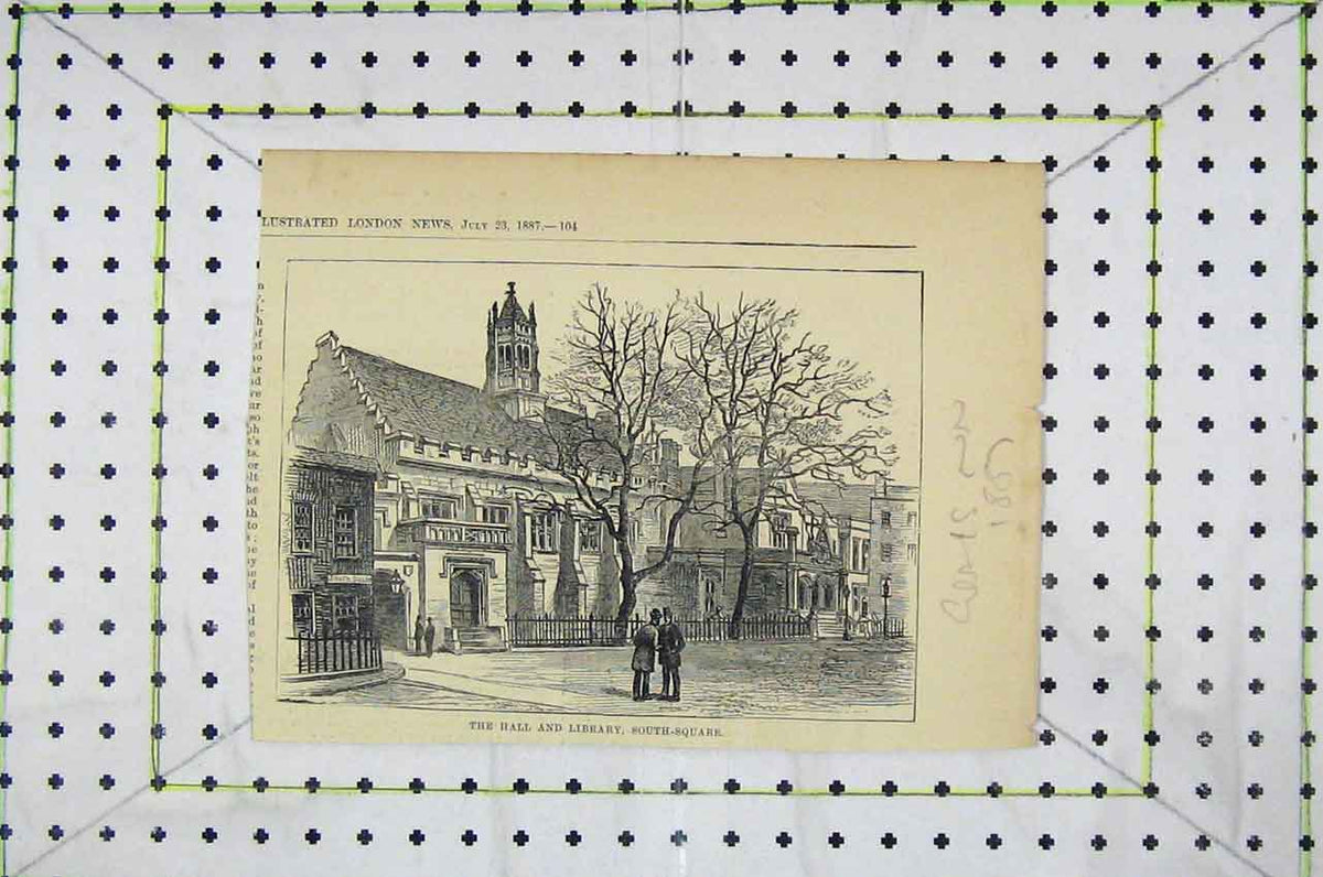Original Old Antique Print 1887 Exterior View Hall Library South- Square 19th