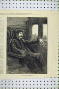 Original Old Antique Print 1881 Antque Man Smoking Railway Carriage Seat 19th