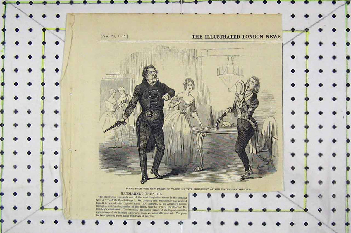 Old Antique Print 1846 New Farce Lend Me Five Shillings Haymarket Theatre 19th