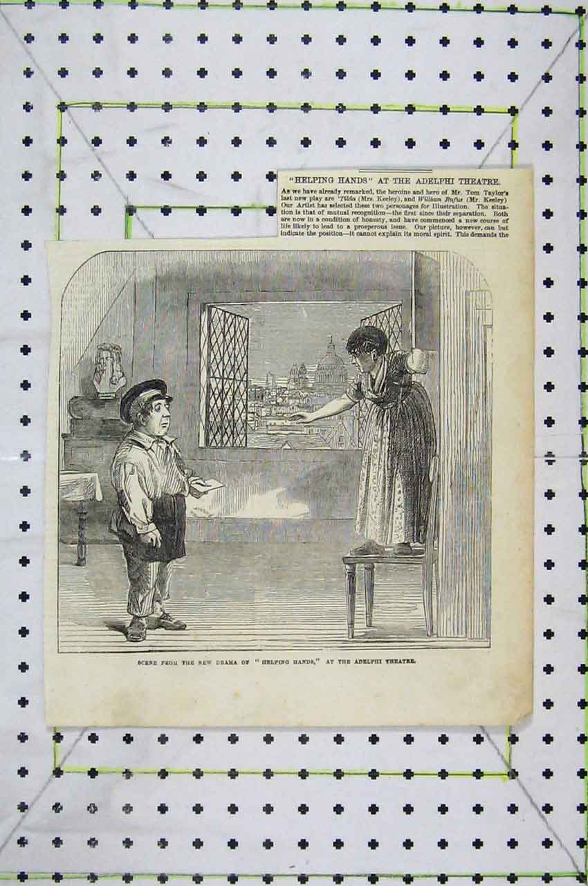 Original Old Antique Print Scene Drama Helping Hands Adelphi Theatre