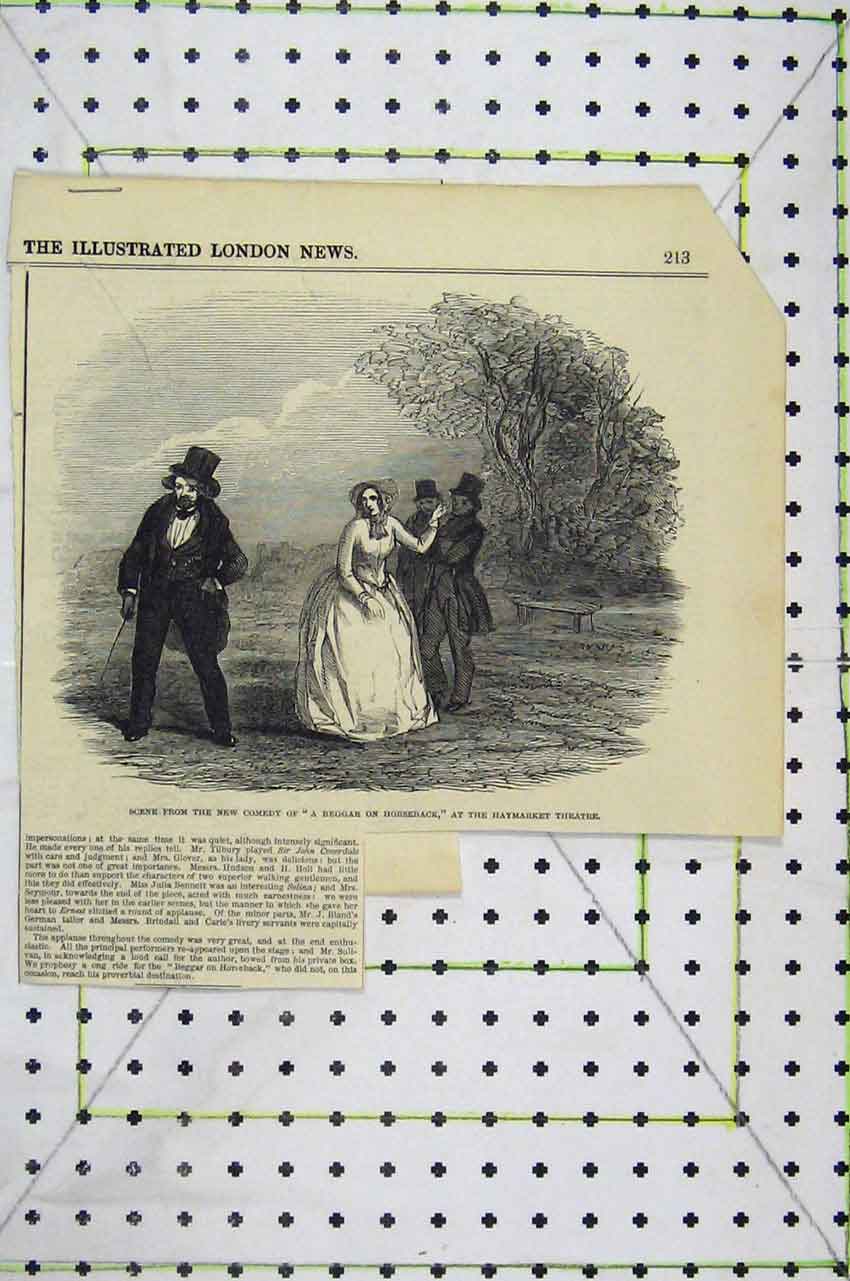 Original Old Antique Print 1846 Scene Comedy Beggar Horseback Haymarket Theatre