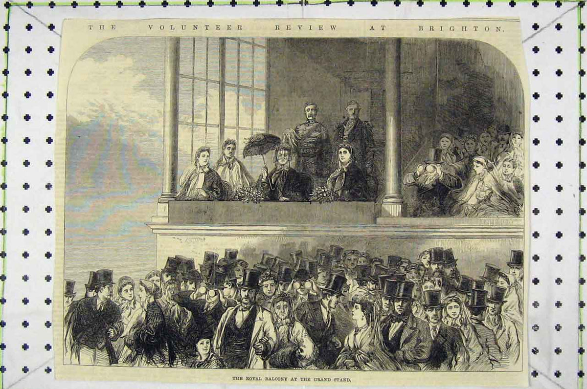 Original Old Antique Print Royal Balcony Grand Stand Volunteer Review Brighton