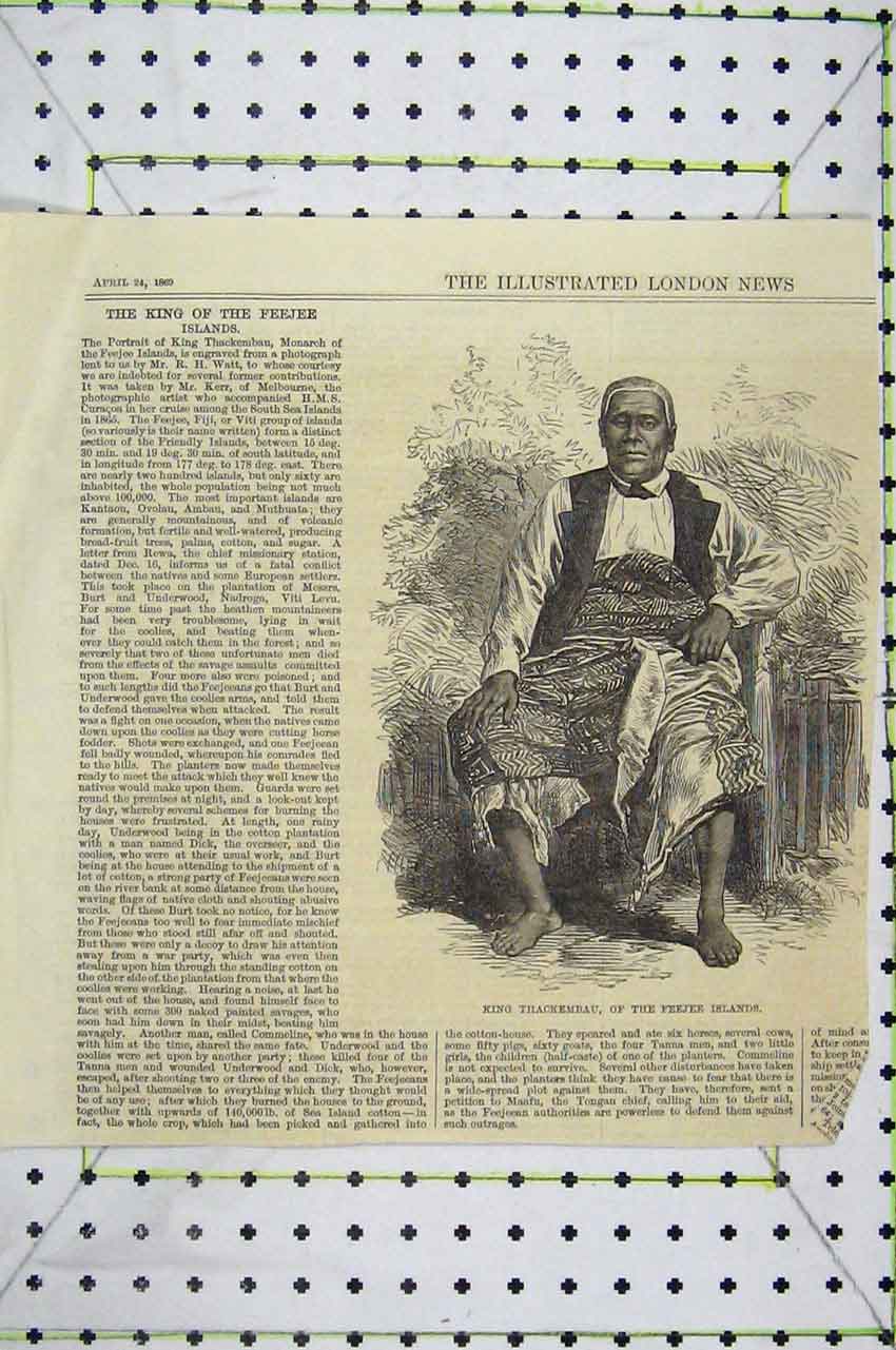 Original Old Antique Print 1869 Portrait King Thackembau Feejee Islands 19th