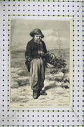 Original Old Antique Print 1857 Painting Christmas Boy Basket Holly Victorian