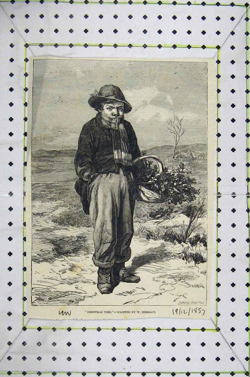 Original Old Antique Print 1857 Painting Christmas Boy Basket Holly Victorian