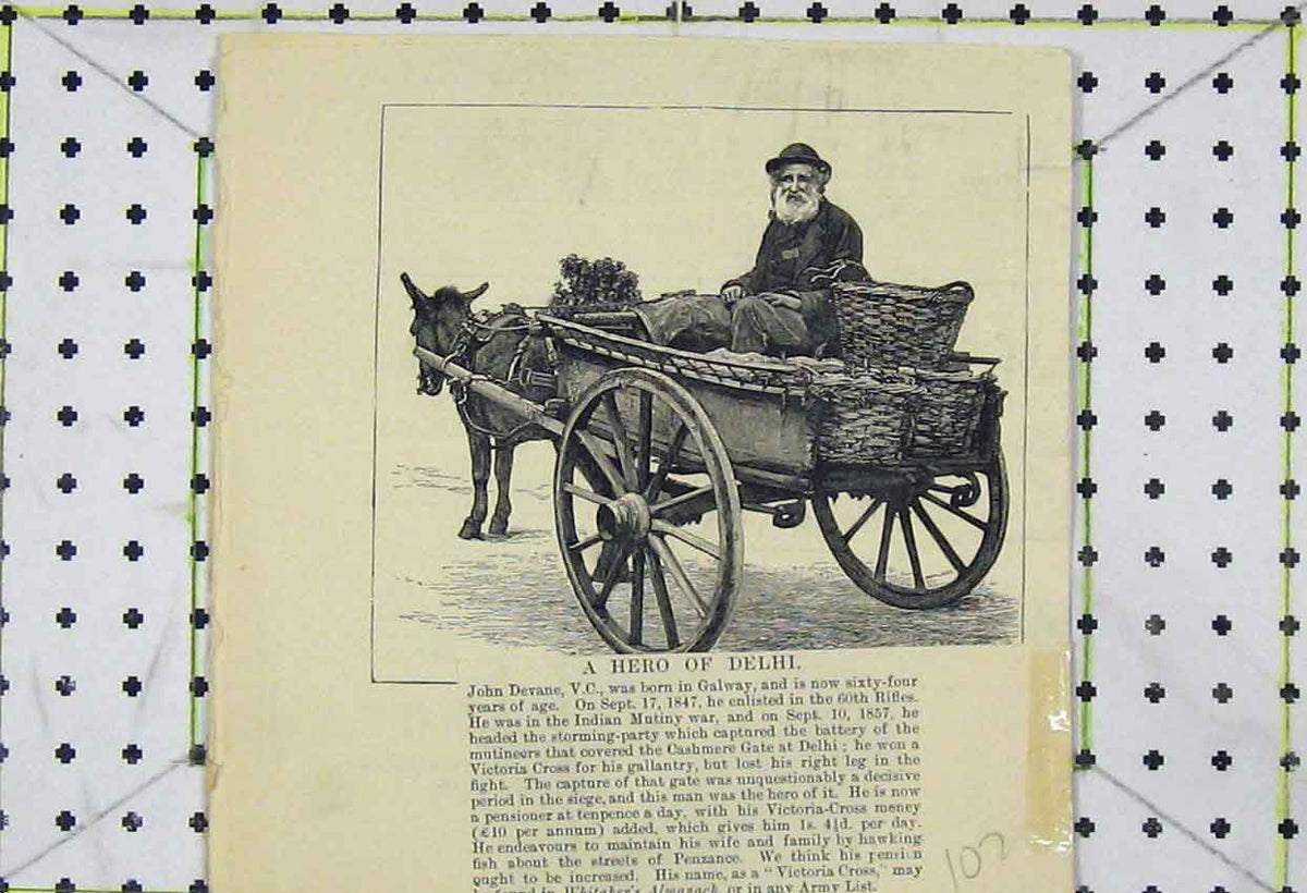 Original Old Antique Print 1887 Victoria Cross Hero Man John Devane Donkey Cart