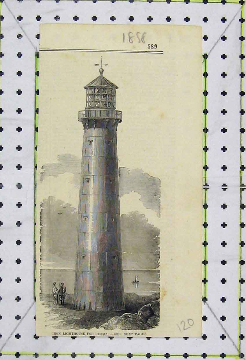 Original Old Antique Print 1858 View Iron Lighthouse Russia Sea 19th