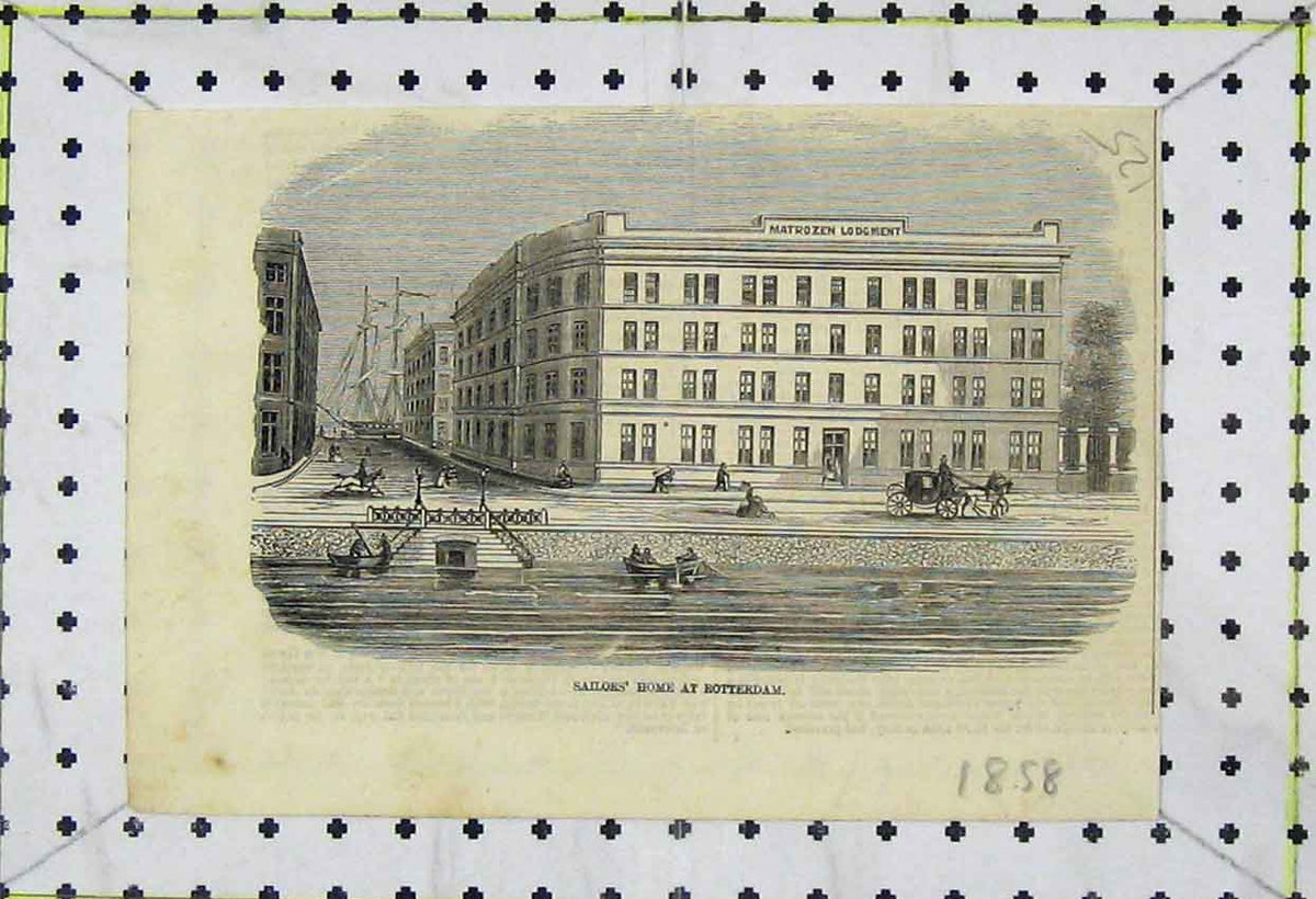 Original Old Antique Print View Sailors Home Rotterdam 1858 River Boats 19th