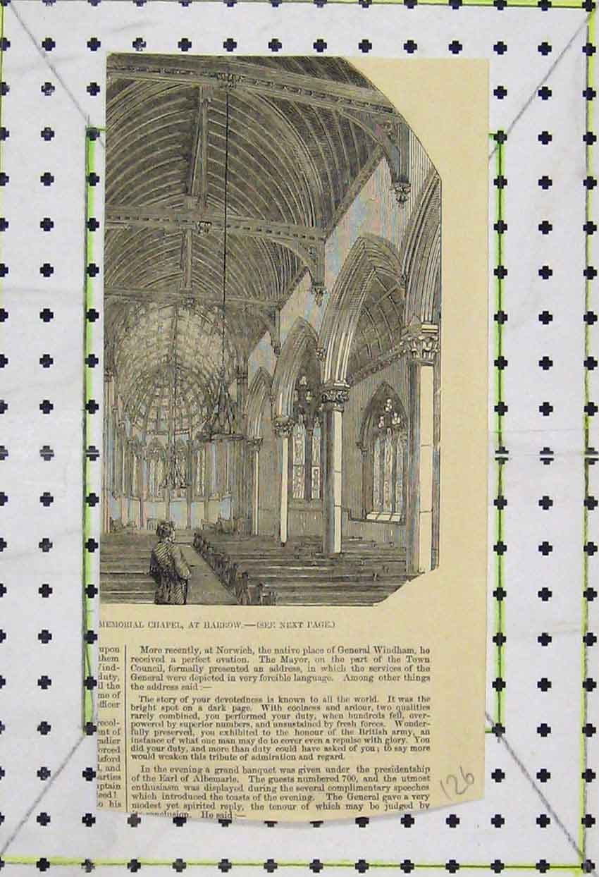 Original Old Antique Print Interior View Memorial Chapel Harrow