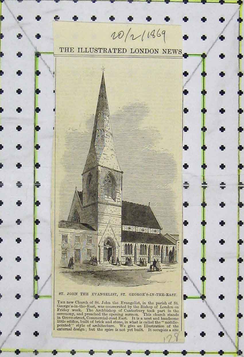 Old Antique Print 1869 View St. John Evangelist St. George'S-In-The-East 19th