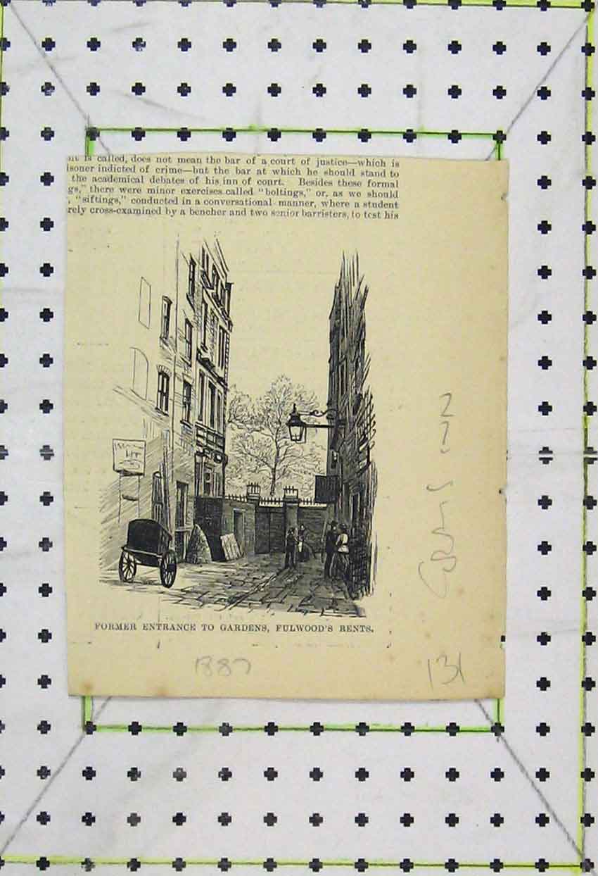 Original Old Antique Print 1887 View Former Entrance Gardens Fullwood'S Rents