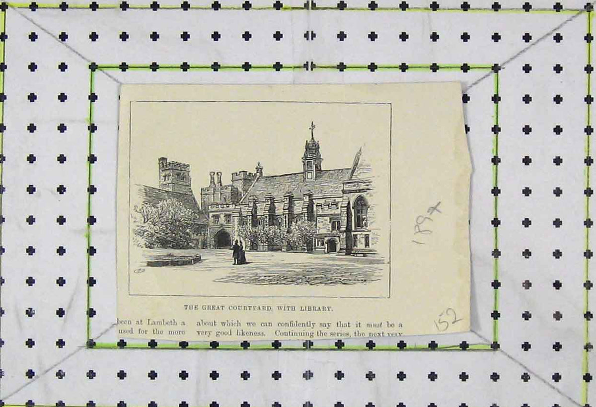 Original Old Antique Print 1897 View Great Courtyard Library Garden Victorian