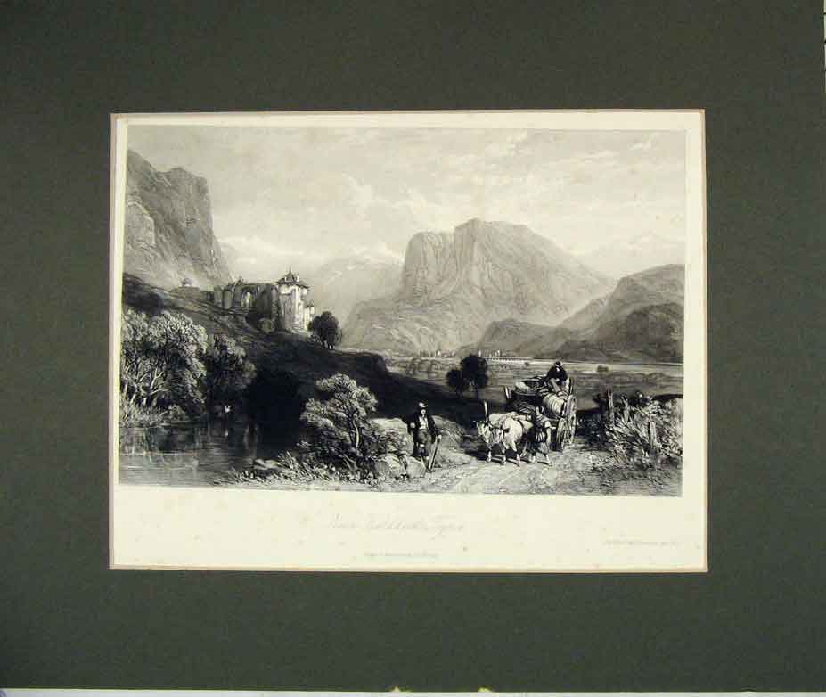 Original Old Antique Print 1842 Hand Coloured Nean Fieldkirk Tyrol Harding 19th