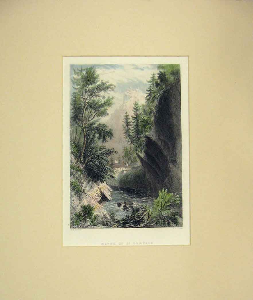 Old Antique Print 1840 Hand Coloured View Baths St Gervais River Mountain 19th