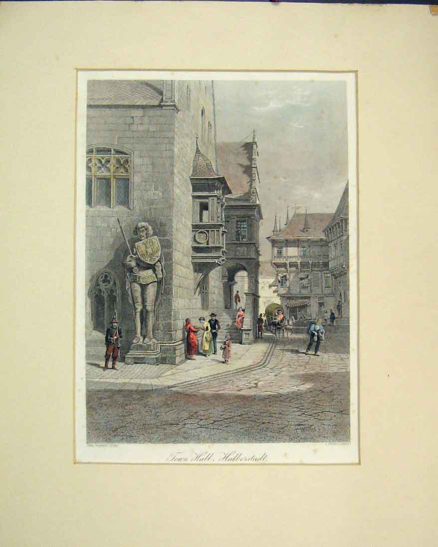 Old Antique Print View Town Hall Halberstadt 1860 Hand Coloured Joubert 19th