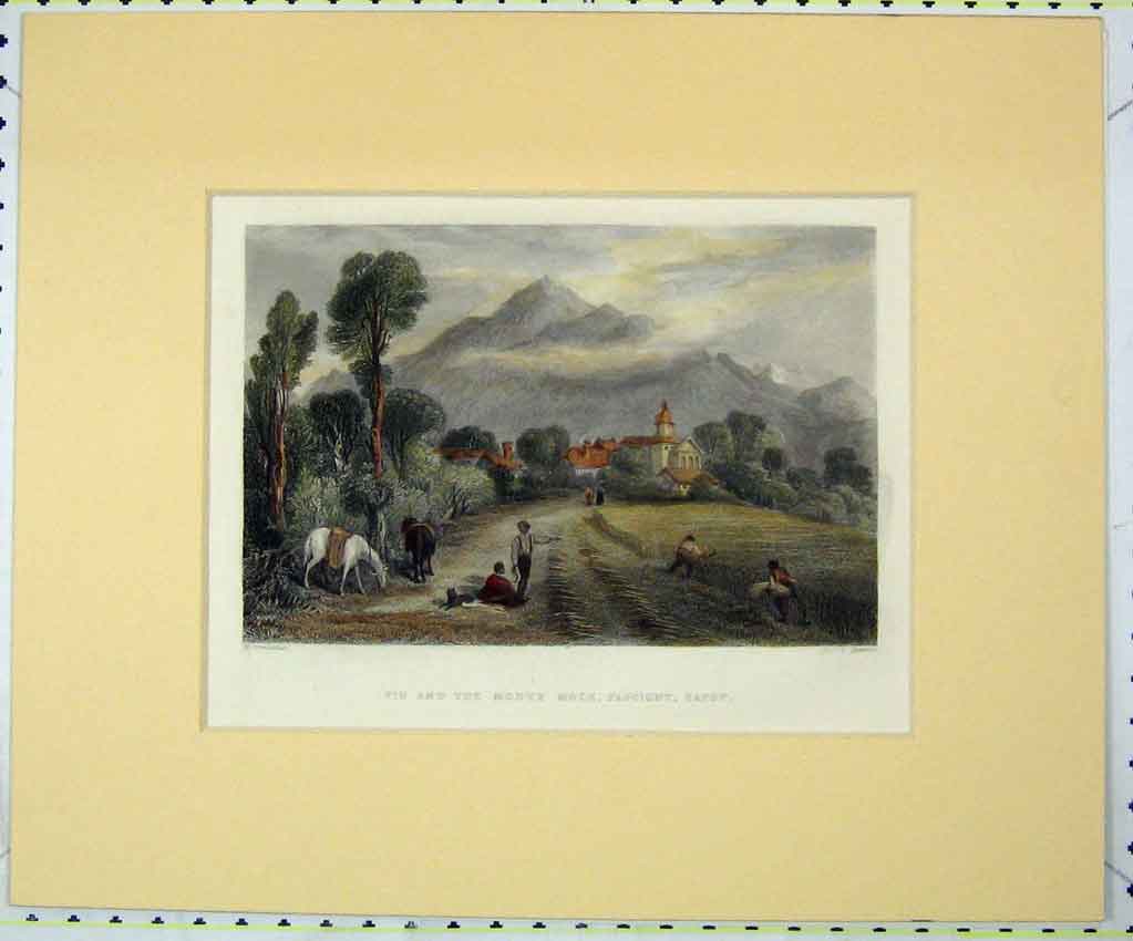 Old Antique Print 1840 Hand Coloured View Viu Monte Mole Faucigny Savoy 19th