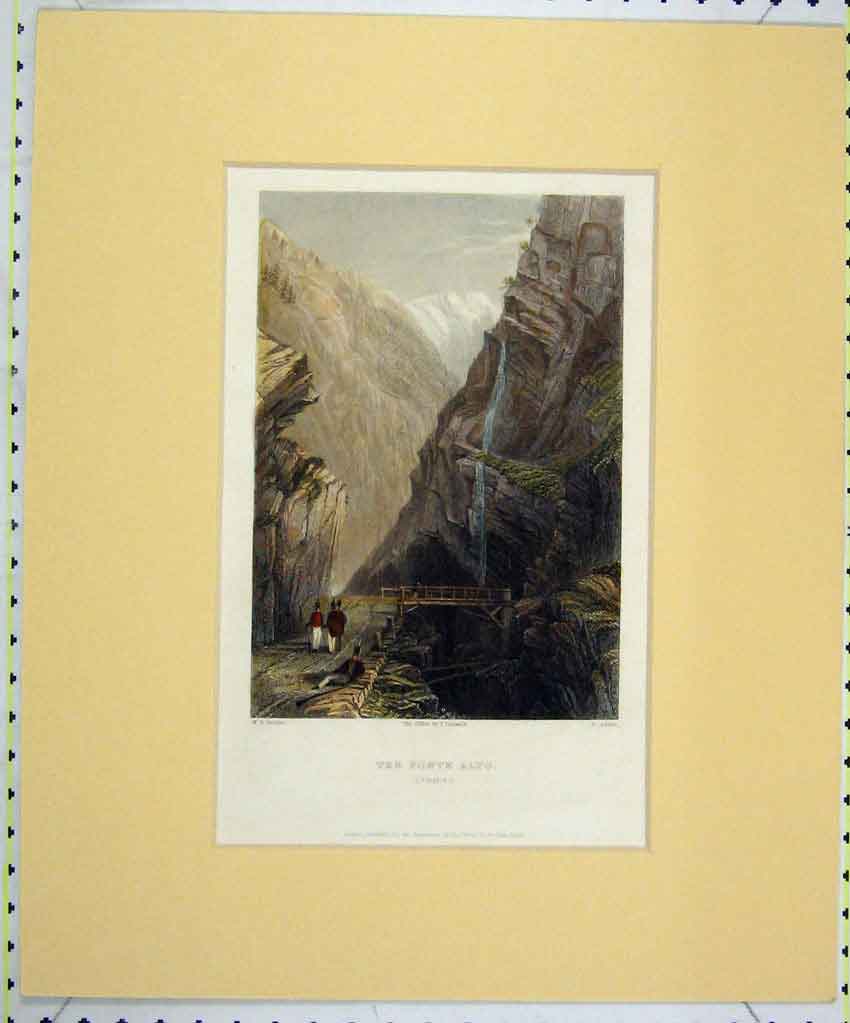 Original Old Antique Print 1835 Hand Coloured View Ponte Alto Simplon Jorden