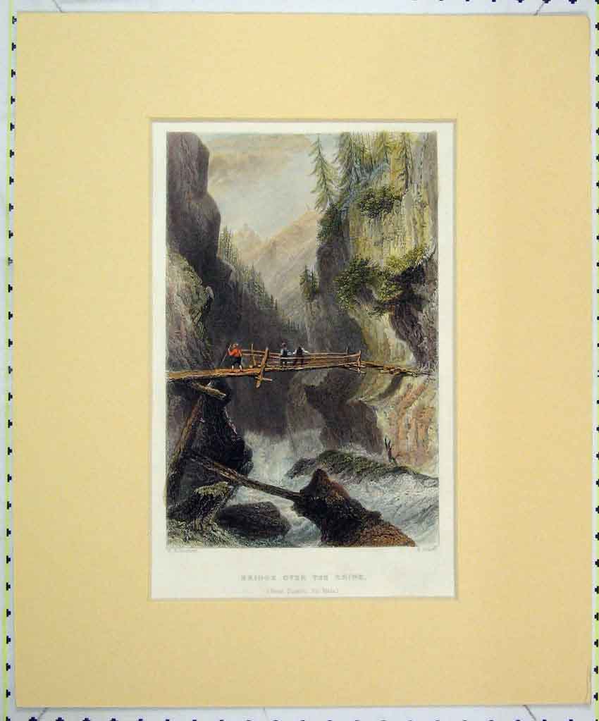 Original Old Antique Print 1836 Hand Coloured View Bridge River Rhine Adlard