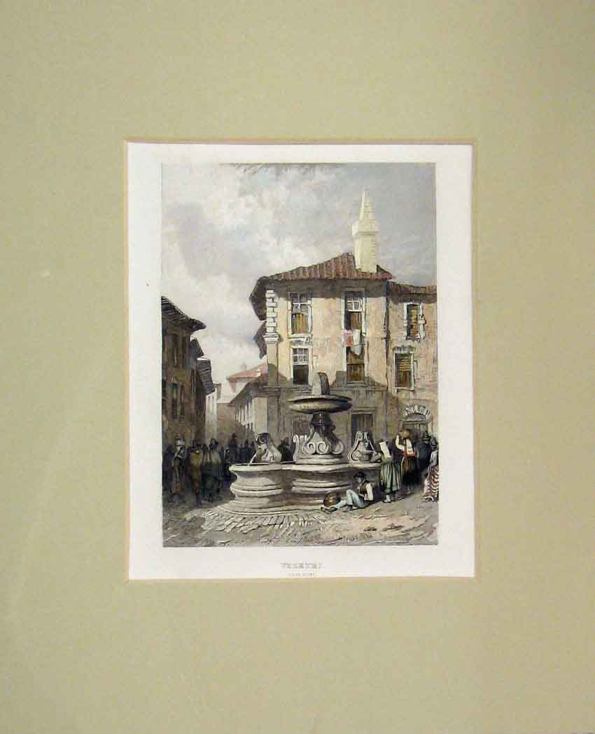 Original Old Antique Print View Veletei Rome Town Street 1840 Hand Coloured