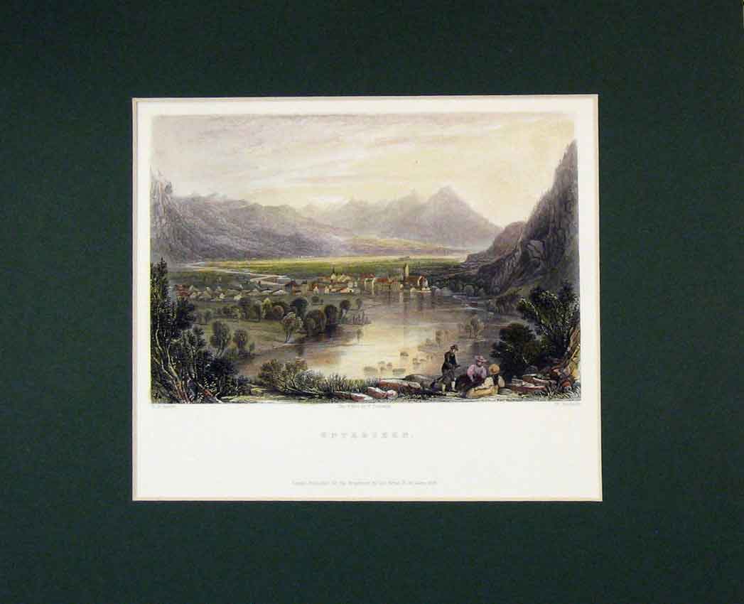 Original Old Antique Print Hand Coloured 1835 View Unterseen Switzerland 19th