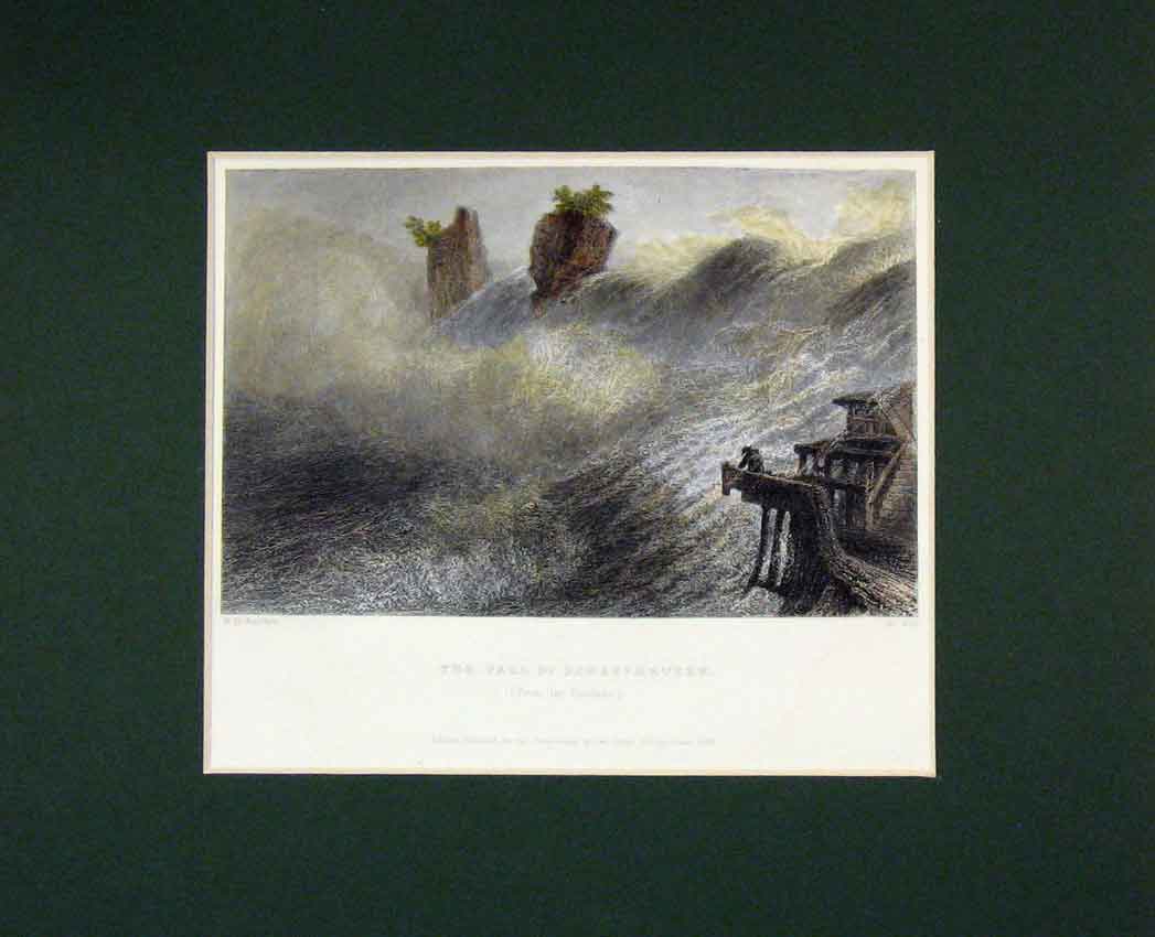 Original Old Antique Print 1836 Hand Coloured View Water Fall Schaffhausen 19th
