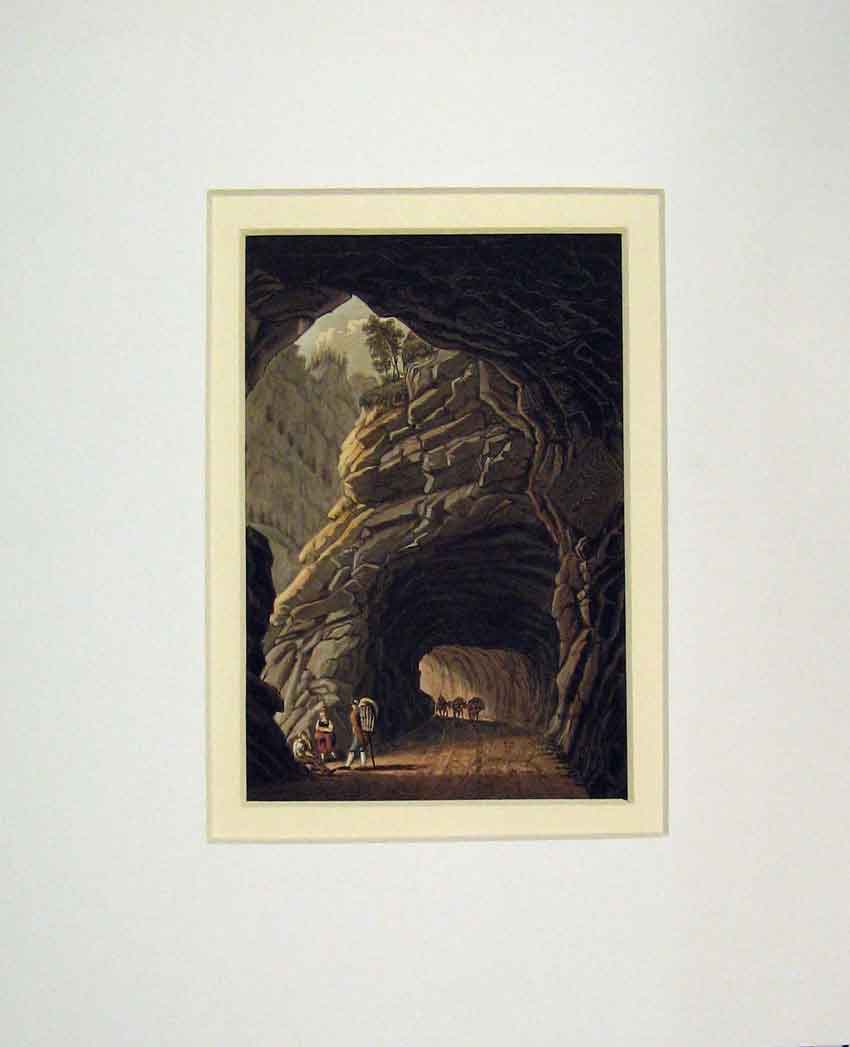 Original Old Antique Print 1850 Hand Coloured Interior Cave Horses Men 19th