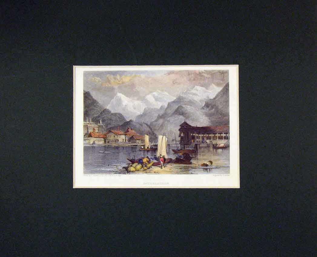 Original Old Antique Print 1840 Hand Coloured View Interlachen Mountains Boats