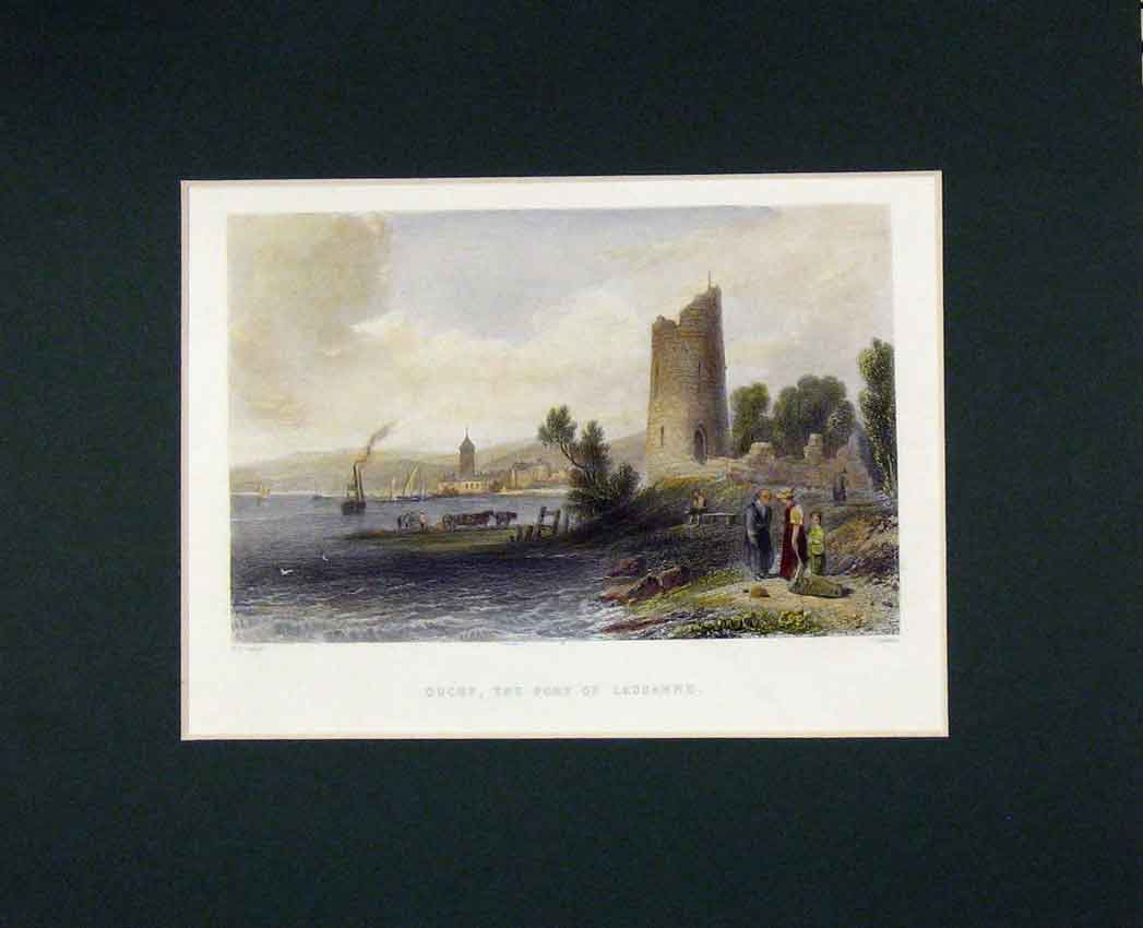 Original Old Antique Print 1840 Hand Coloured View Ouchy Port Lausanne Boat