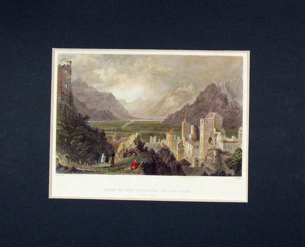 Original Old Antique Print View Ruins Episcopal Palace Sion 1840 Hand Coloured
