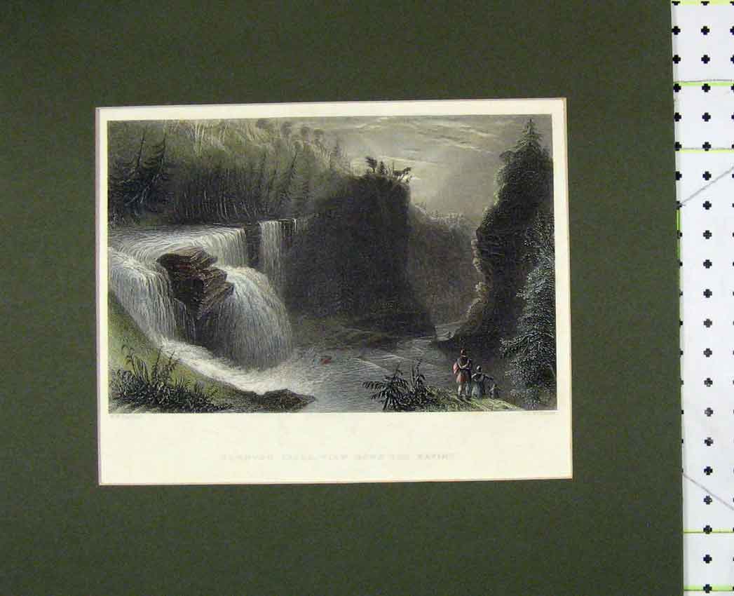 Original Old Antique Print Trenton Falls View River Ravine 1840 Hand Coloured