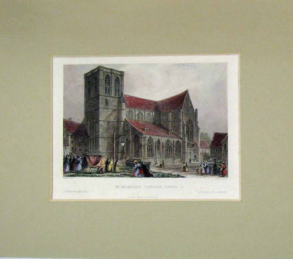 Original Old Antique Print 1840 Hand Coloured View St Martins Church Liege 19th