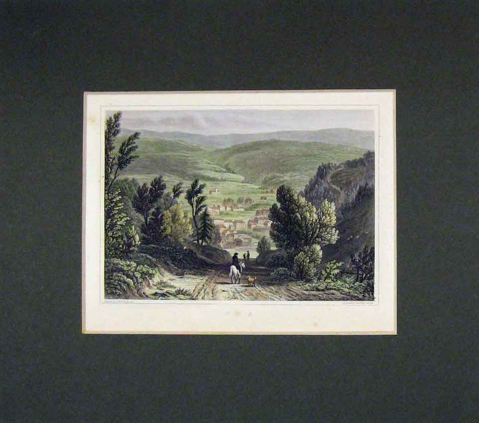 Original Old Antique Print 1840 Hand Coloured View Spa Country Scene Houses