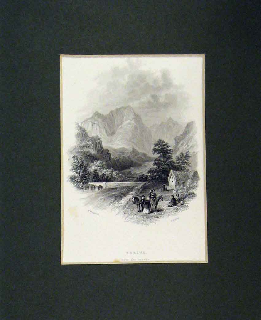 Original Old Antique Print 1840 View Errive Mayo Galway Mountains Victorian
