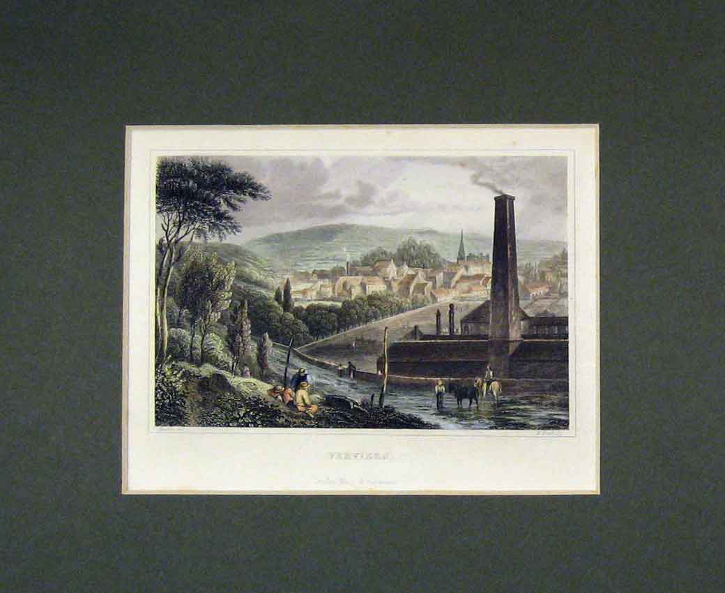 Original Old Antique Print 1840 Hand Coloured View Verviers Belgium Mountain