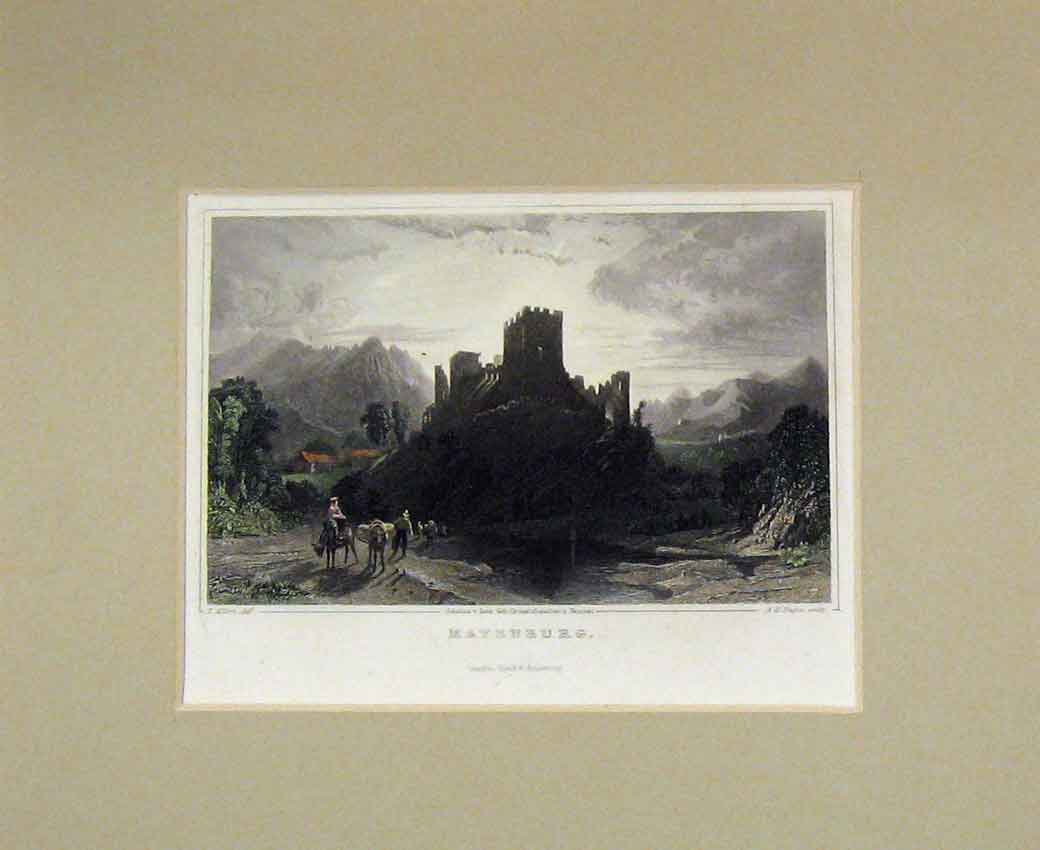 Original Old Antique Print Hand Coloured 1840 View Mayenburg Castle Ruins 19th