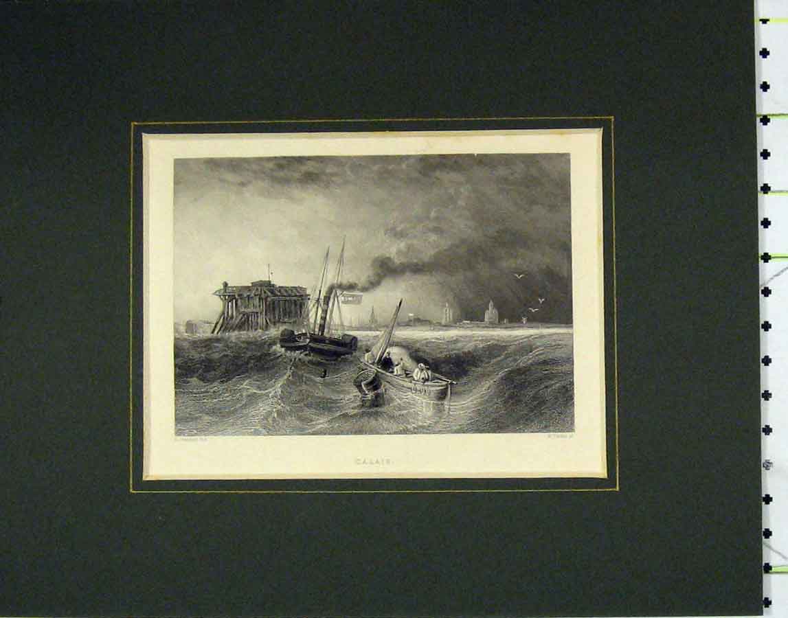 Original Old Antique Print 1840 View Calais France Boat Stormy Sea Victorian