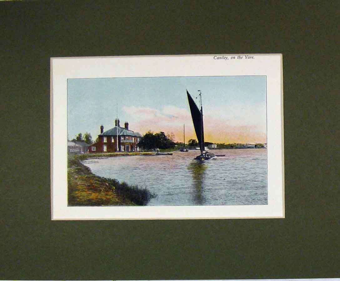 Original Old Antique Print Norfolk Colour 1900 View Cantley River Yare Boat
