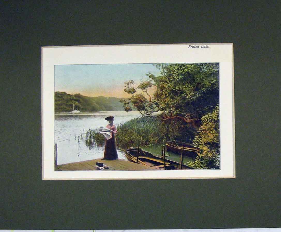 Original Old Antique Print 1900 Norfolk Broads Colour View Fritton Lake Boat
