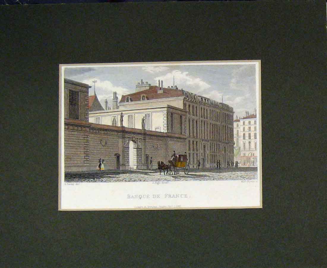 Original Old Antique Print 1829 Hand Coloured View Bank France Building 19th