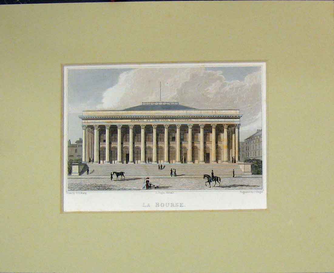 Old Antique Print 1829 View La Bourse Building Paris France Hand Coloured 19th