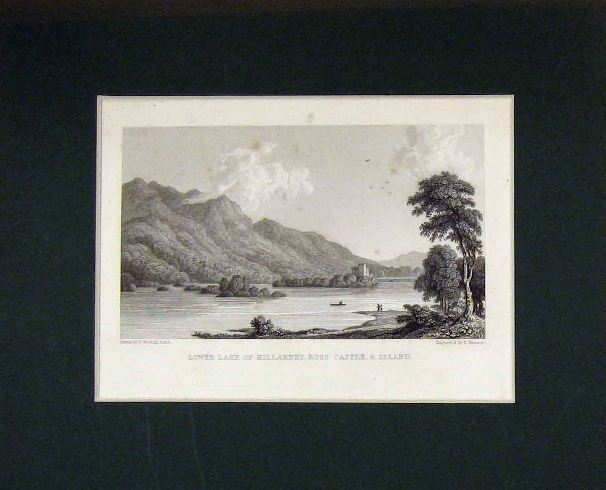 Original Old Antique Print C1870 View Lower Lake Killarney Ross Castle Island