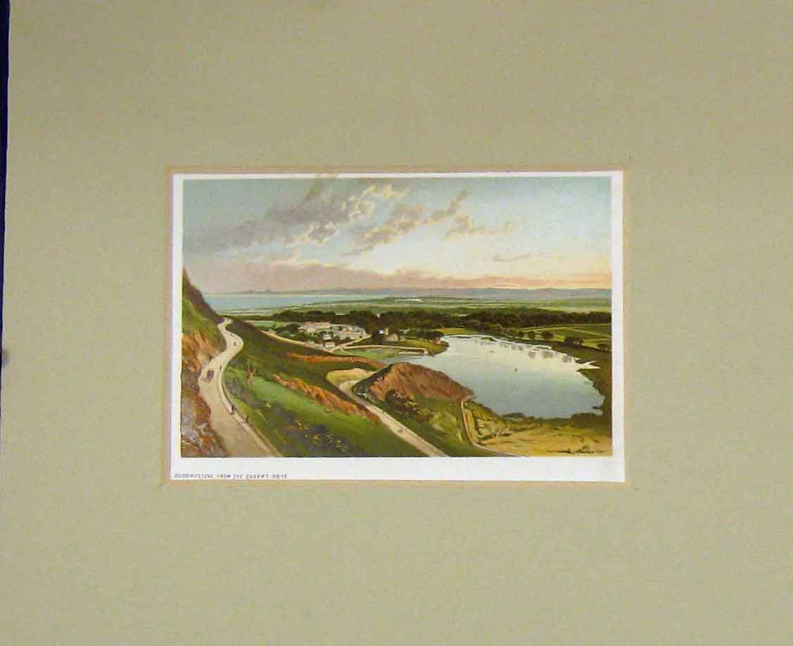Original Old Antique Print 1889 Chromo-Litho Duddingstone View Scotland Lake