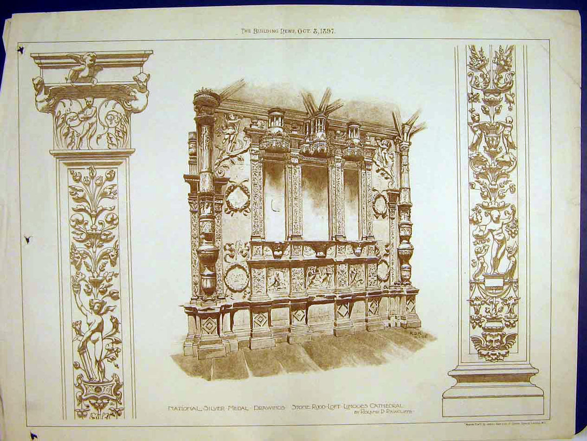 Old Antique Print National Silver Medal Drawings 1897 Limoges Cathedral 19th