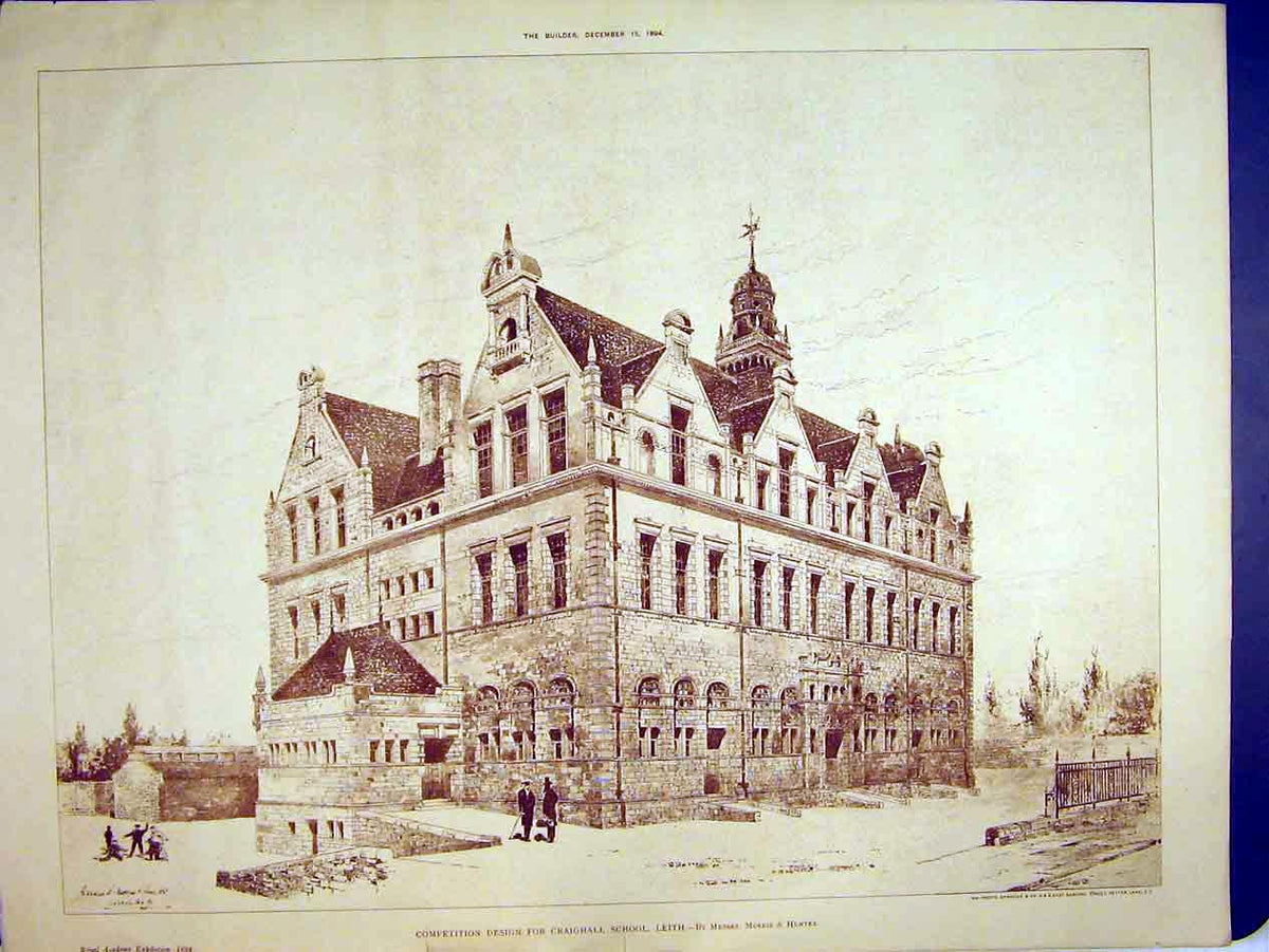 Old Antique Print 1894 Competition Design Craighall School Leith Hunter 19th