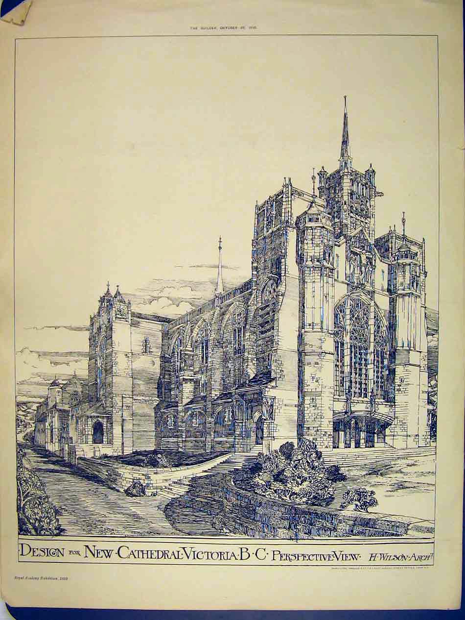 Original Old Antique Print 1893 New Cathedral Victoria Exterior Design Wilson